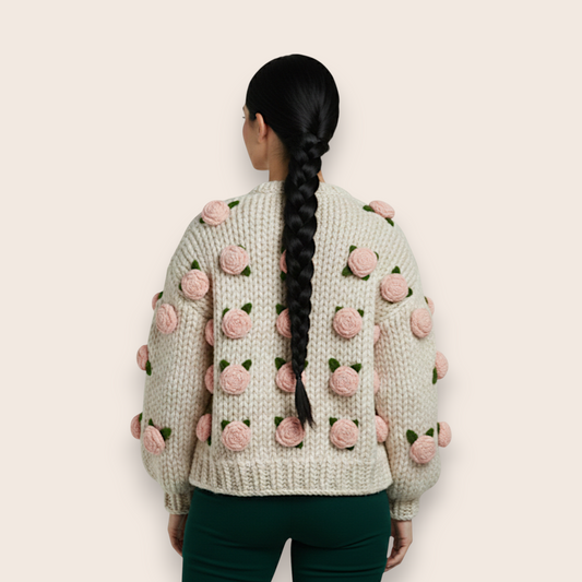 Hand-Knit Chunky Cotton Cardigan with 3D Sculptural Roses