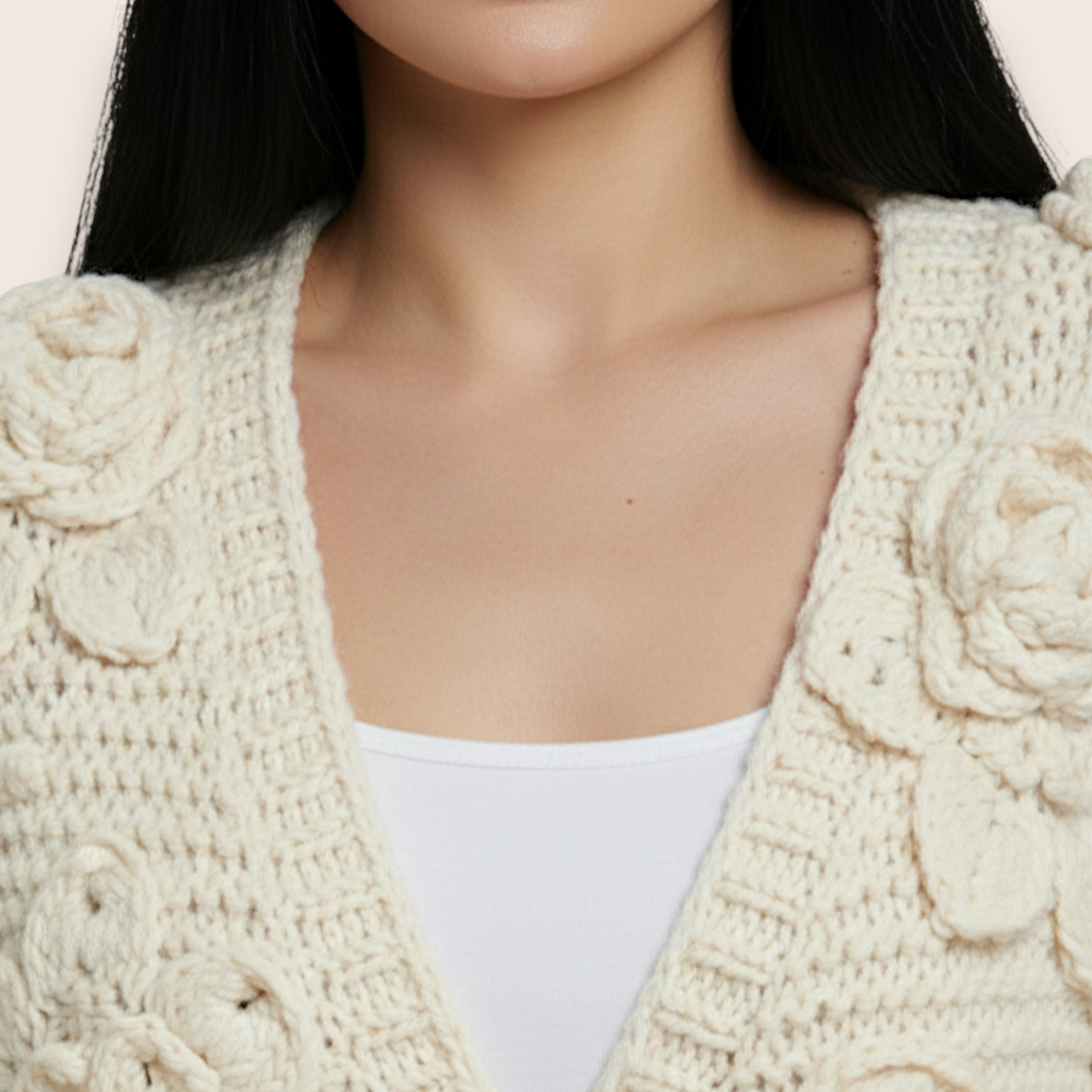 Hand-Knit Cotton Cardigan with 3D Floral Embroidery in Baked Milk