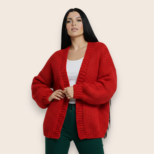 Chunky Hand-Knitted Relaxed Cardigan in Vibrant Crimson