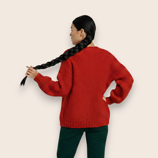 Chunky Hand-Knitted Relaxed Cardigan in Vibrant Crimson