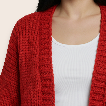 Chunky Hand-Knitted Relaxed Cardigan in Vibrant Crimson