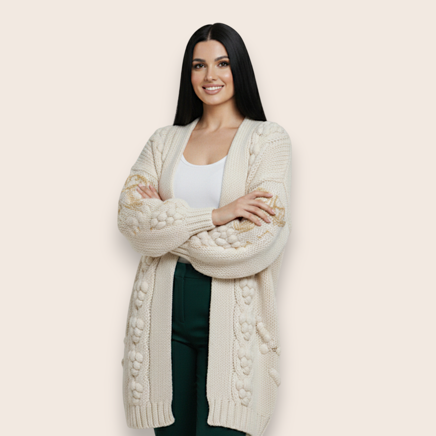 Hand-Knit Wool Cardigan with Vertical Back Cables and Ribbed Trim