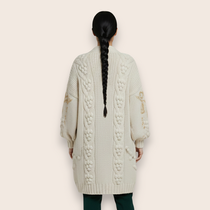 Hand-Knit Wool Cardigan with Vertical Back Cables and Ribbed Trim