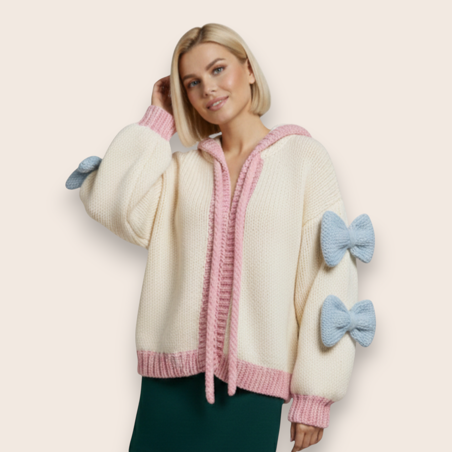 Hand-Knit Wool Hoodie with Pastel Accents and 3D Bow Details