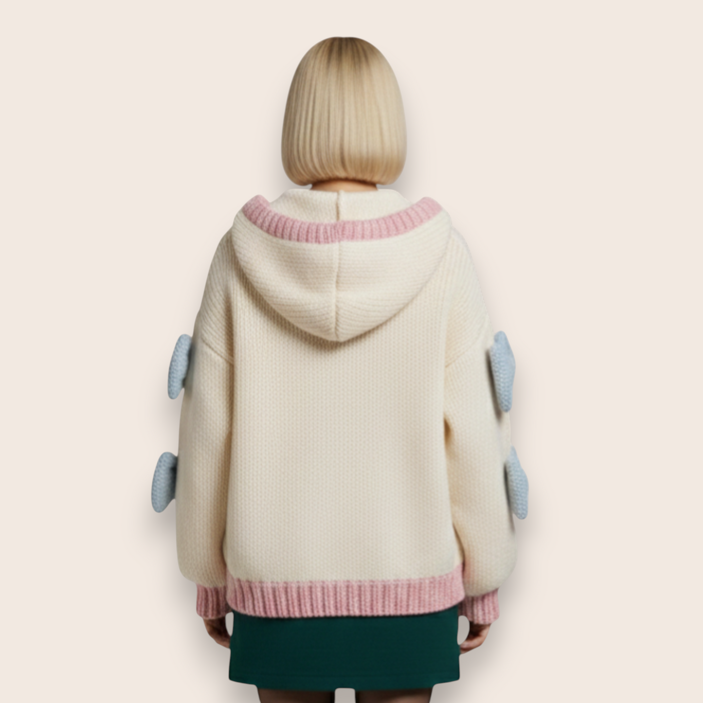 Hand-Knit Wool Hoodie with Pastel Accents and 3D Bow Details