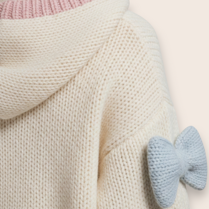 Hand-Knit Wool Hoodie with Pastel Accents and 3D Bow Details
