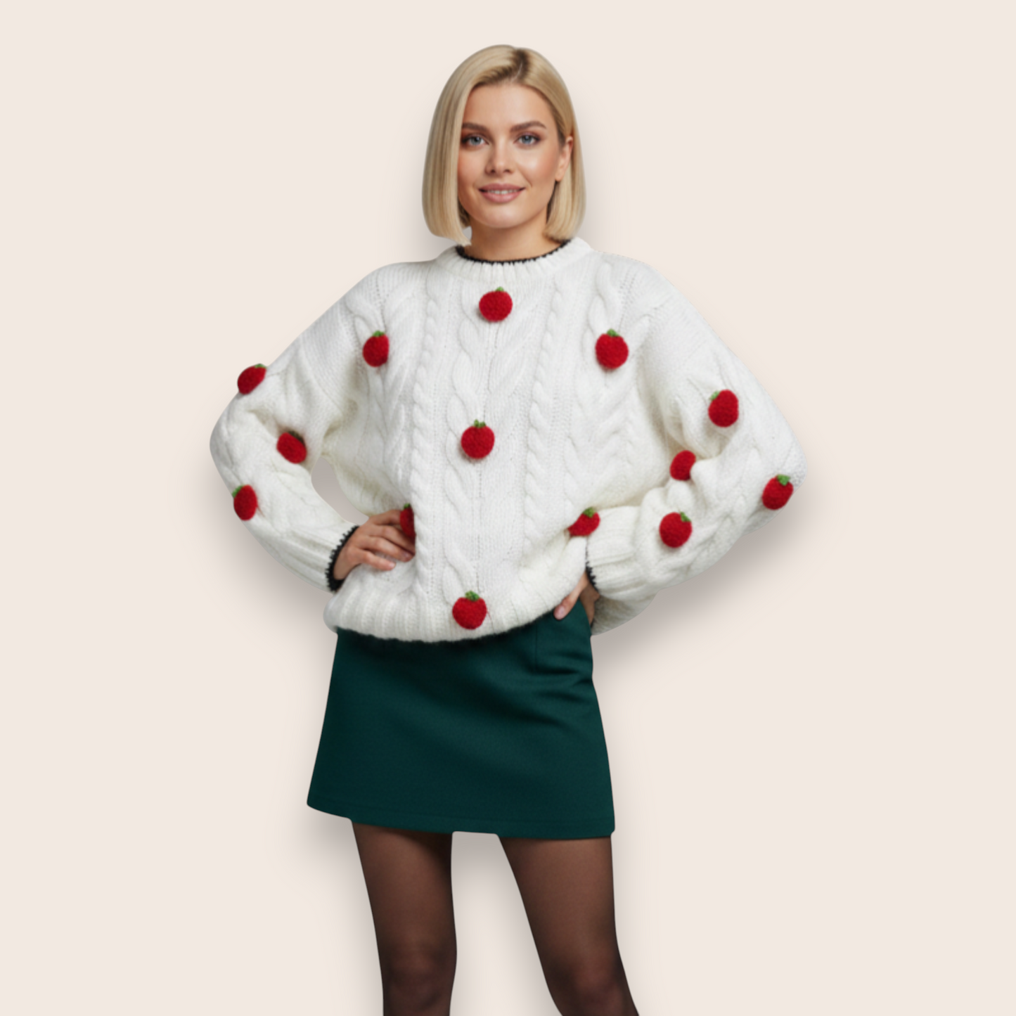 Hand-Knitted Cable Knit Sweater with 3D Strawberry Accents in Milk White