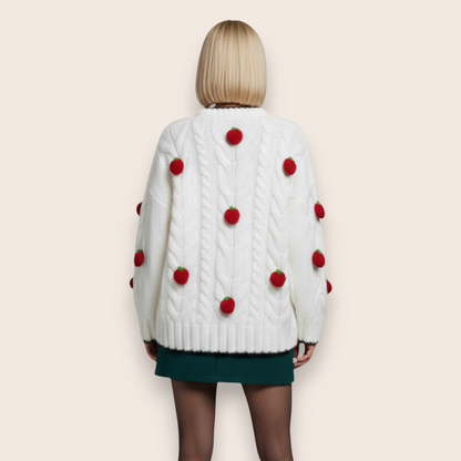 Hand-Knitted Cable Knit Sweater with 3D Strawberry Accents in Milk White