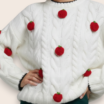Hand-Knitted Cable Knit Sweater with 3D Strawberry Accents in Milk White