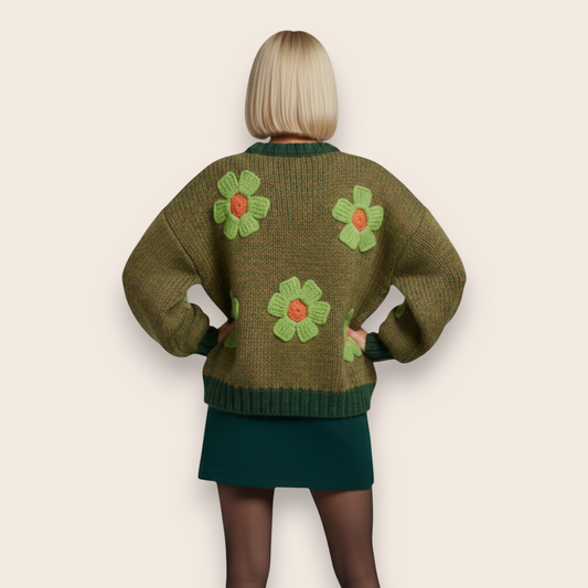 Hand-Knitted Floral Appliqué Sweater in Heather Olive Chunky Knit