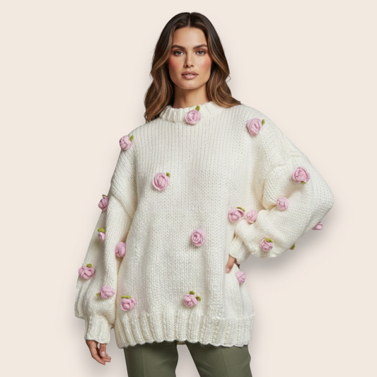 Hand-Knit Wool Sweater with 3D Floral Rose Embroidery