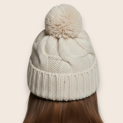 Hand-Knit Chunky Cable Knit Beanie with Pom-Pom