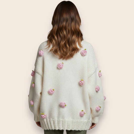 Hand-Knit Wool Sweater with 3D Floral Rose Embroidery