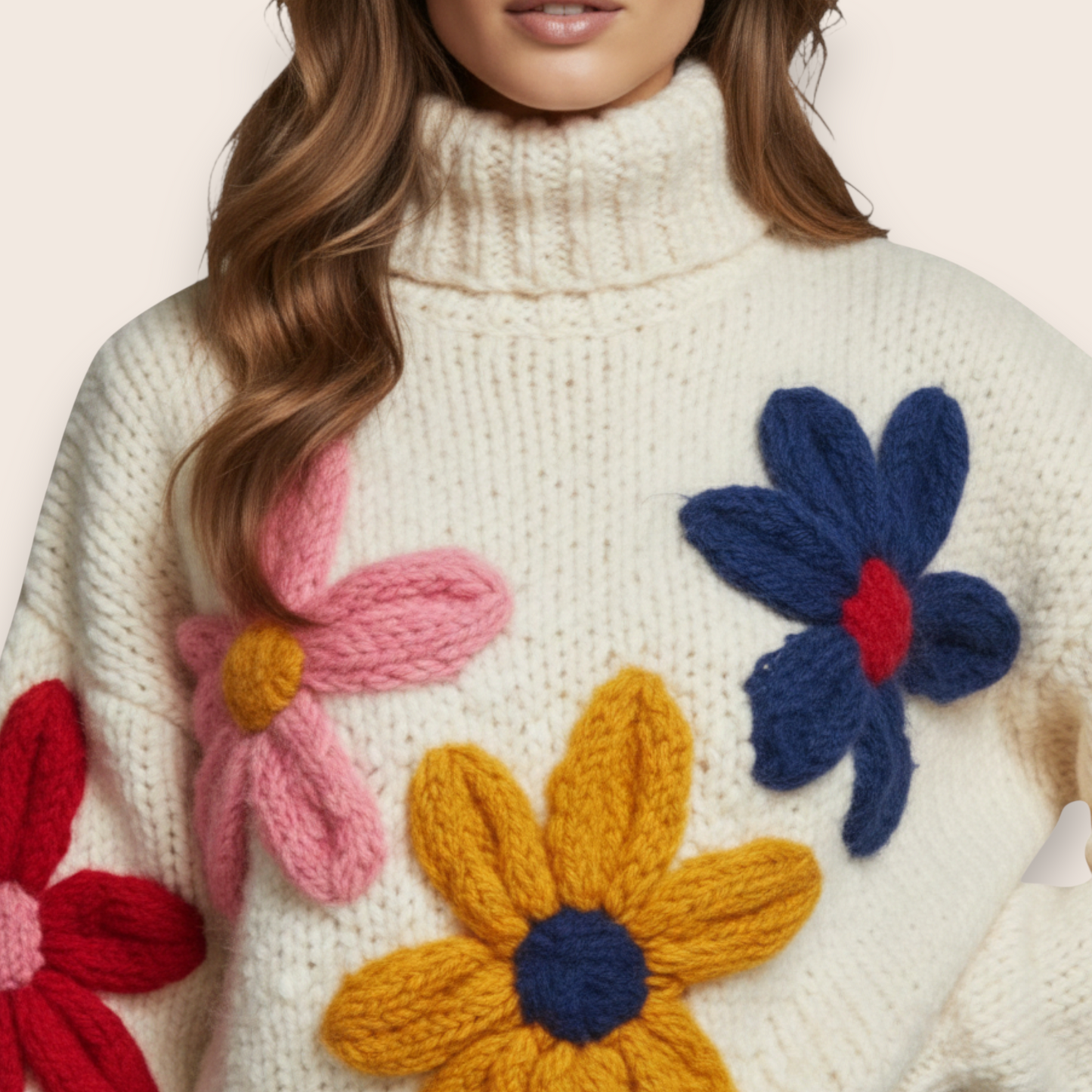 Oversized Hand-Knitted Floral Appliqué Sweater in Ivory