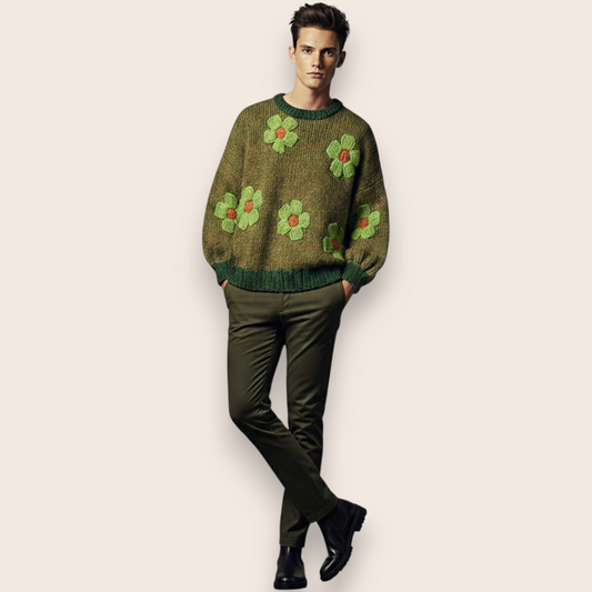 Hand-Knitted Floral Appliqué Sweater in Heather Olive Chunky Knit