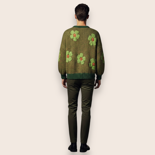 Hand-Knitted Floral Appliqué Sweater in Heather Olive Chunky Knit